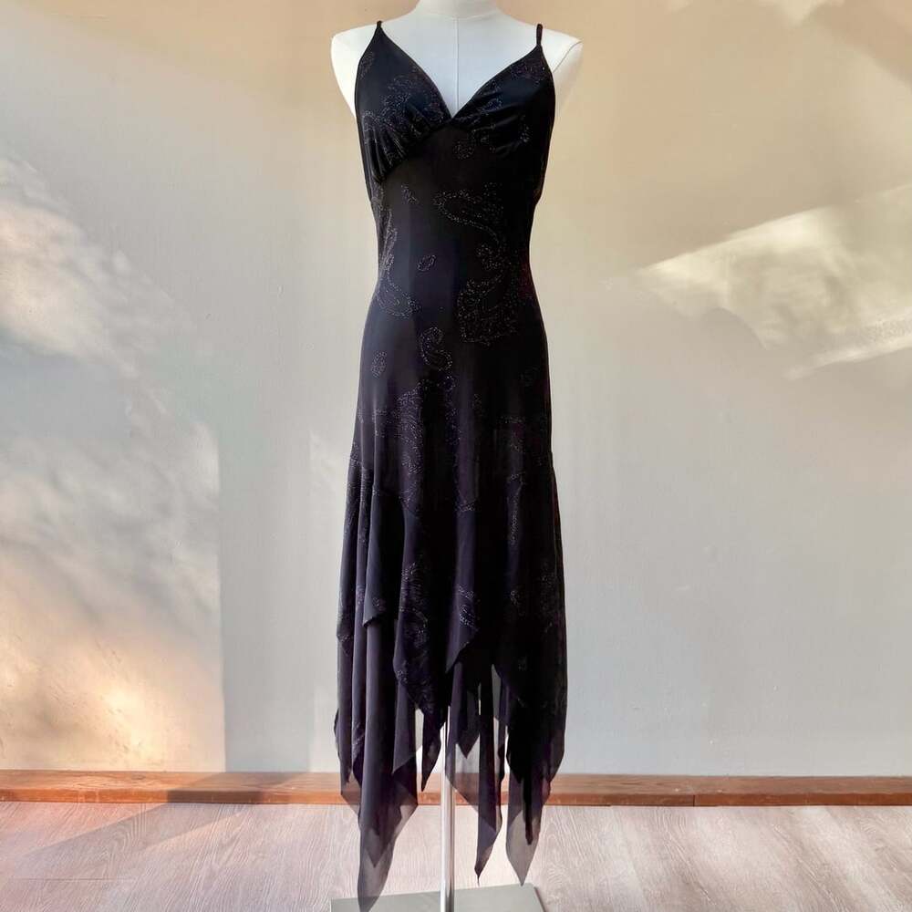 Vintage Fairy Hem Slip Dress Black Glitter